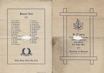 Wiarton unveiling of War Memorial cenotaph Order of Service 1922 - pages 1 and 4